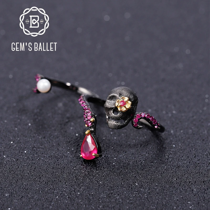 Gothic Skull Ring - GEM'S BALLET Natural Ruby Gemstone Skull